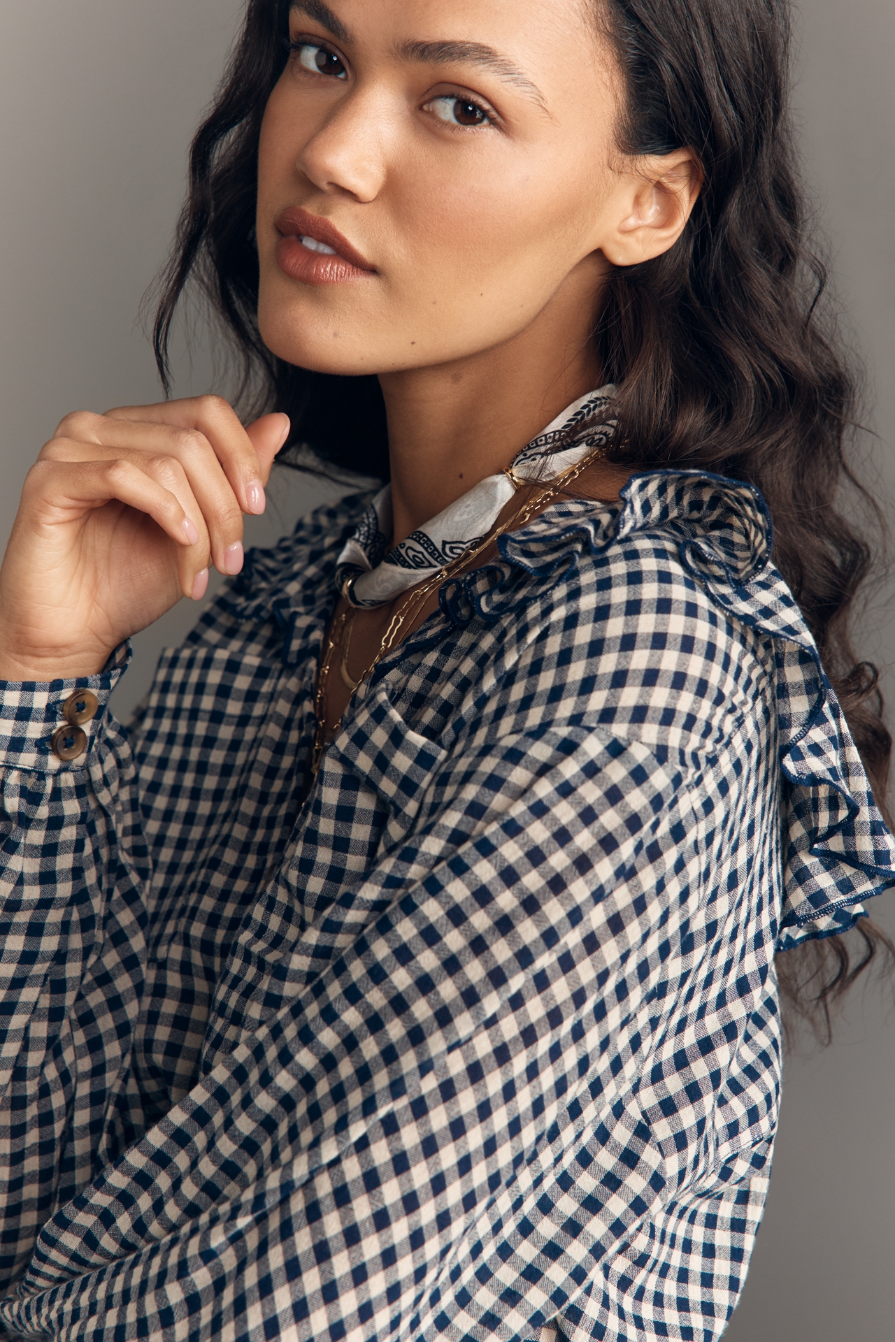 Pilcro Long-Sleeve Ruffle Collar Buttondown Shirt