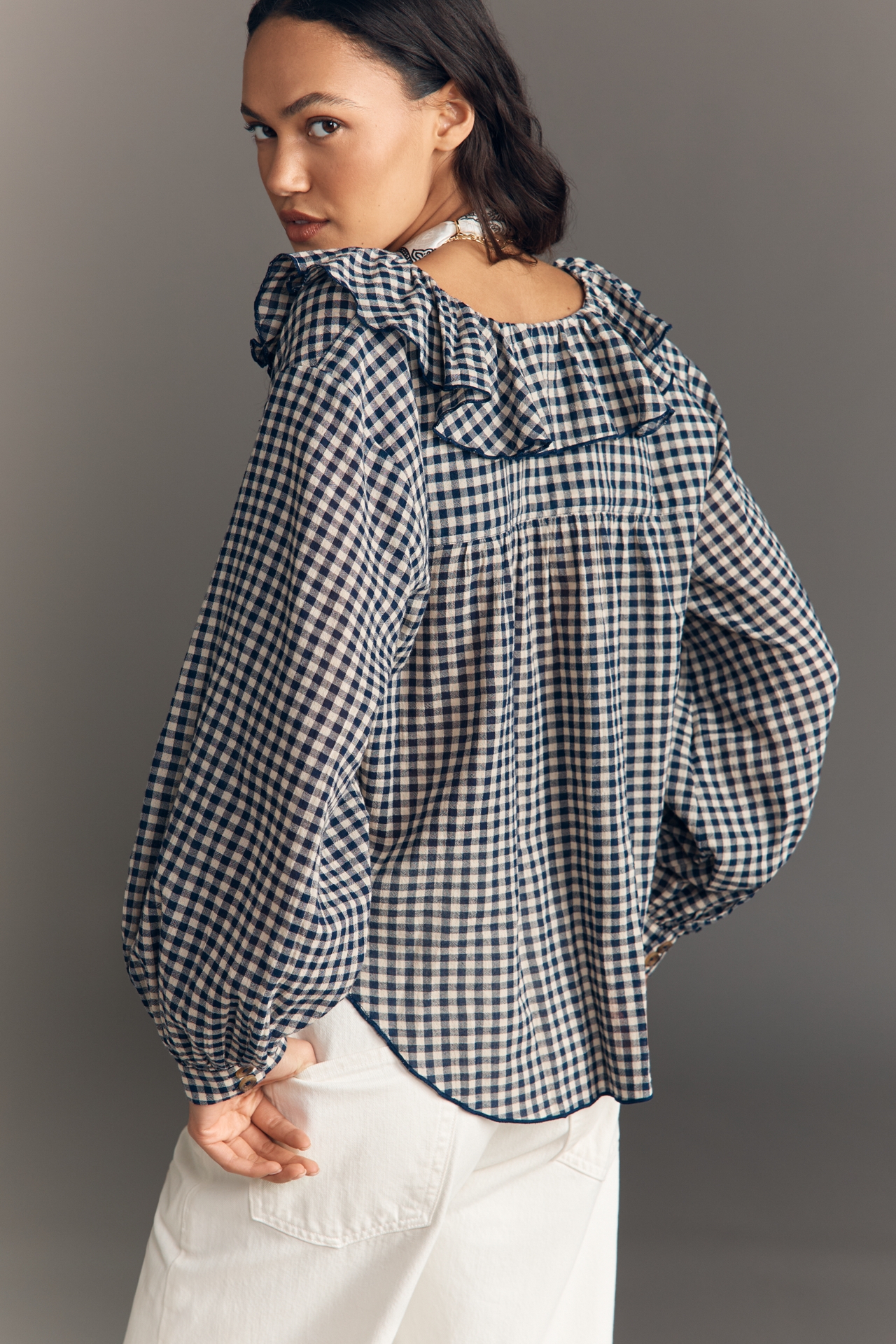 Pilcro Long-Sleeve Ruffle Collar Buttondown Shirt