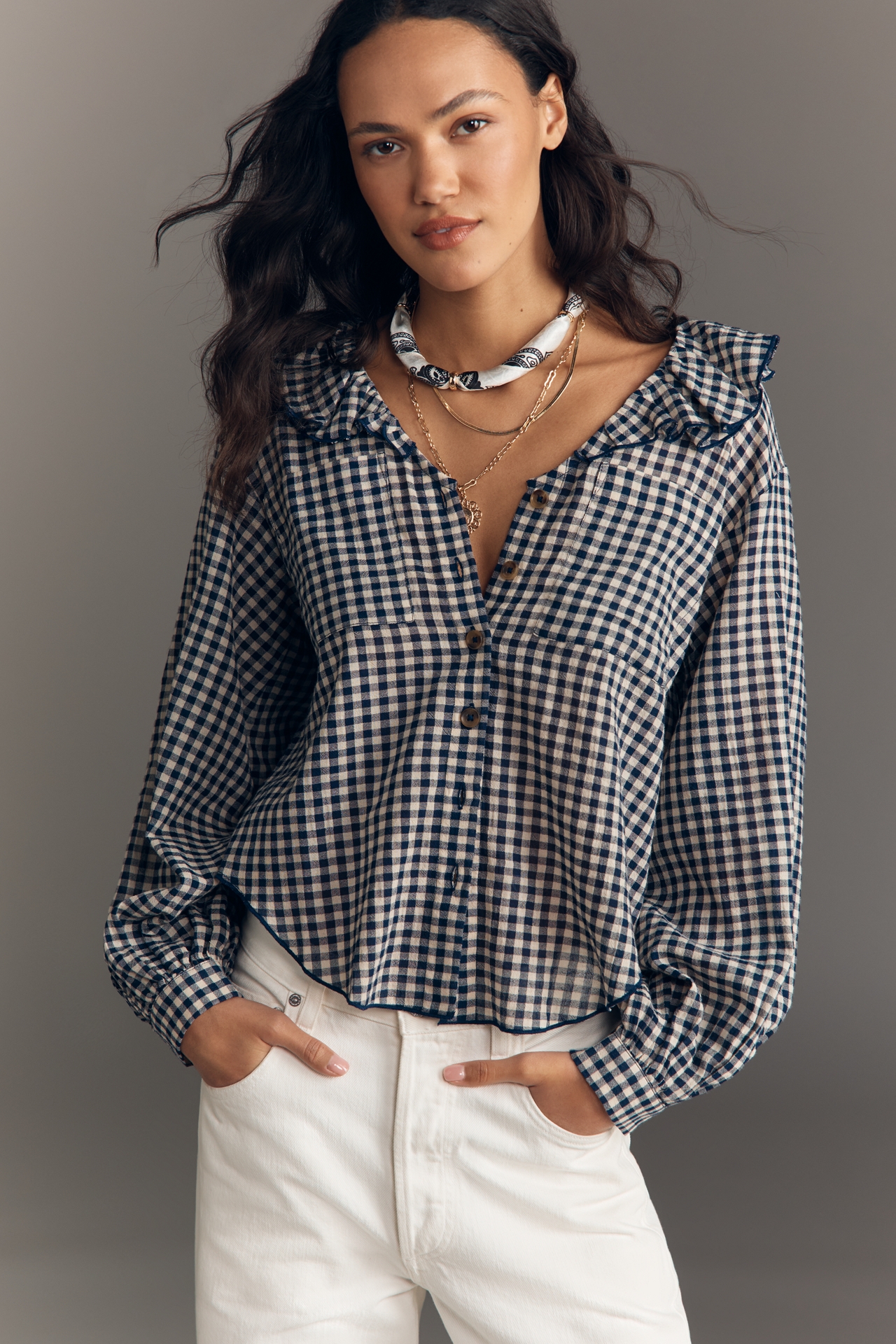 Pilcro Long-Sleeve Ruffle Collar Buttondown Shirt