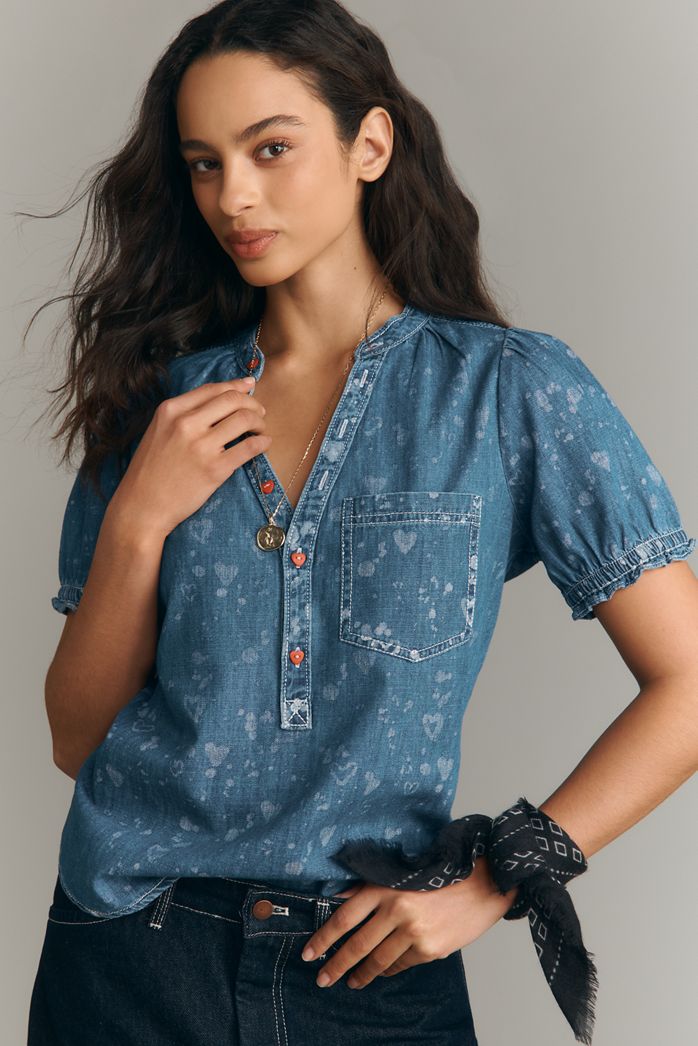 The Aly Denim Puff-Sleeve Heart Blouse by Pilcro