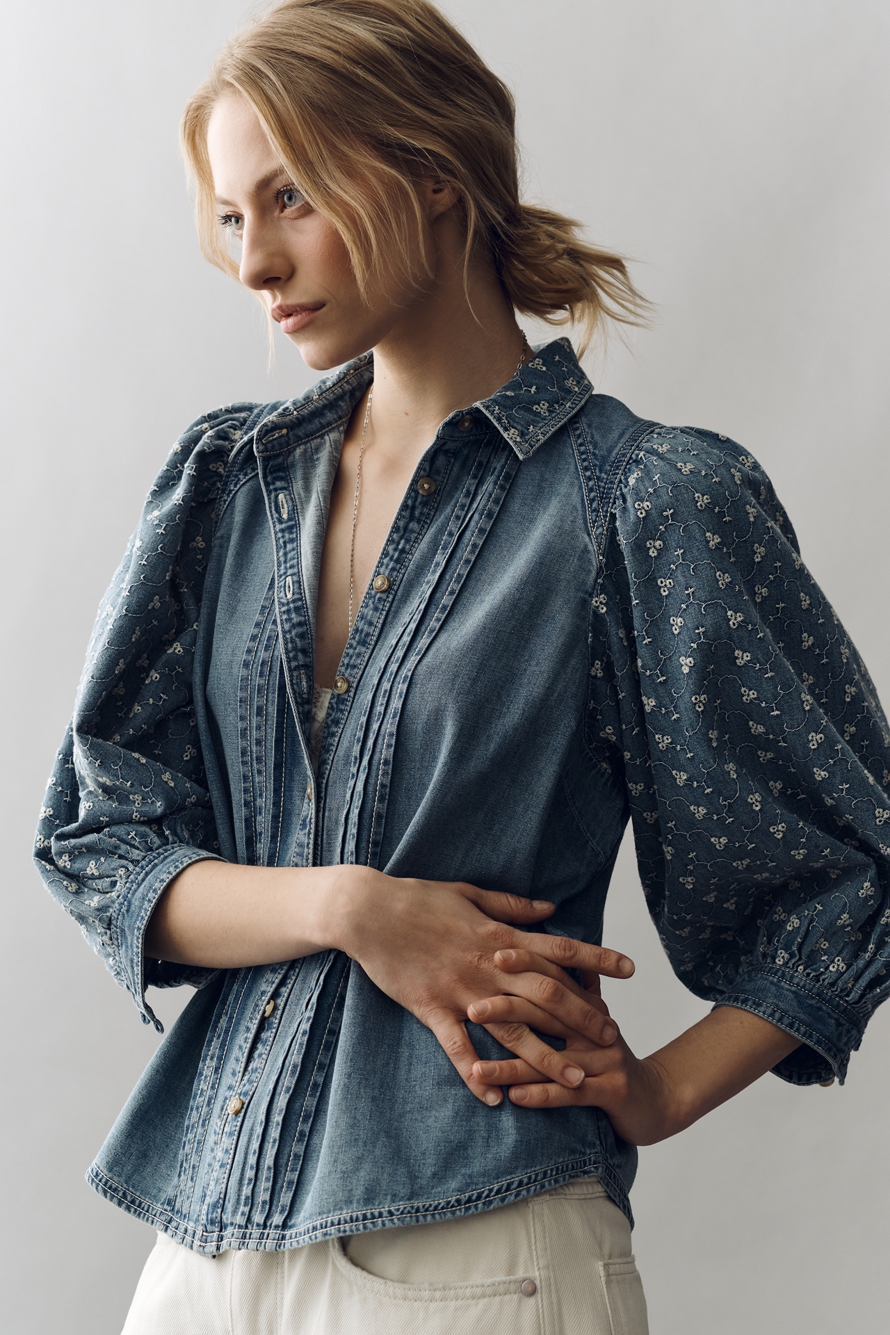 The Bella Femme Denim Buttondown Top by Pilcro