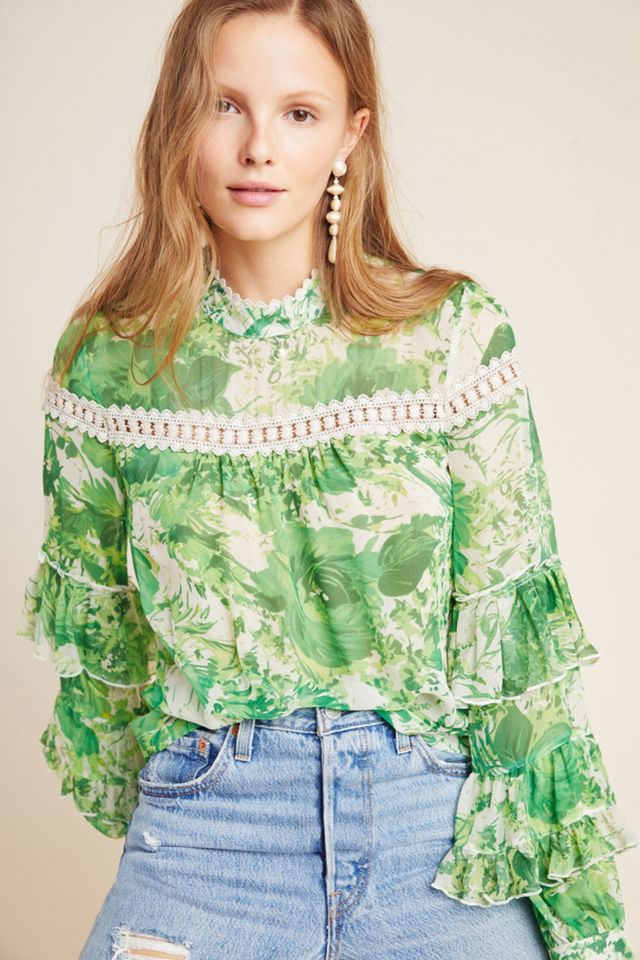 Angelina Ruffle-Sleeved Silk Peasant Blouse #3