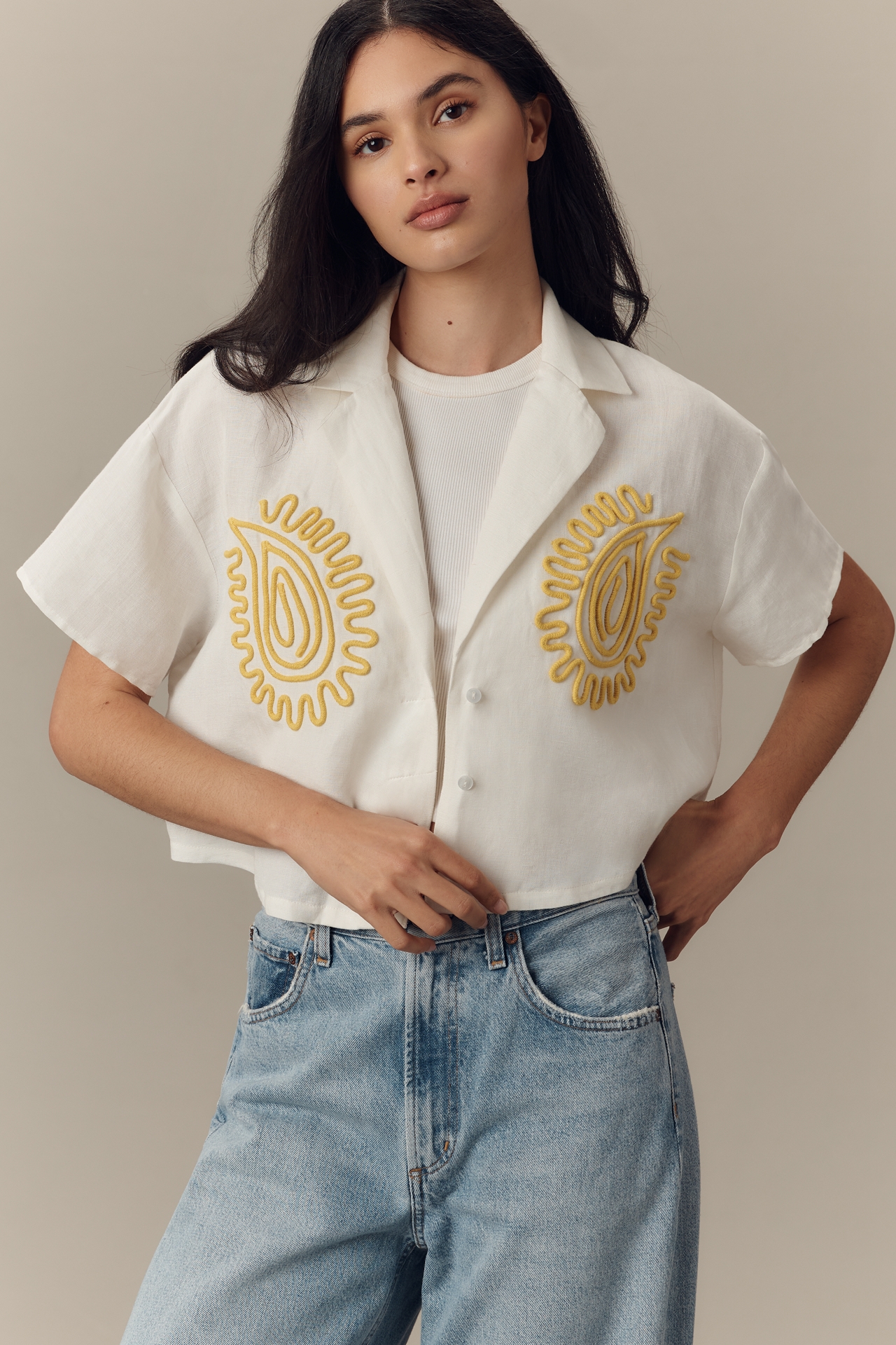 Significant Other Carly Linen Blend Short-Sleeve Collared Embroidered Shirt