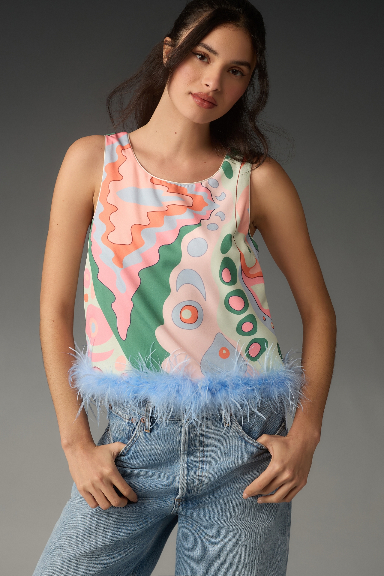 English Factory Sleeveless Faux Feather Top