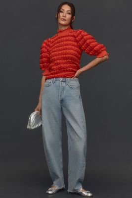 English Factory Short-sleeve Mock-neck Textured Top In Red