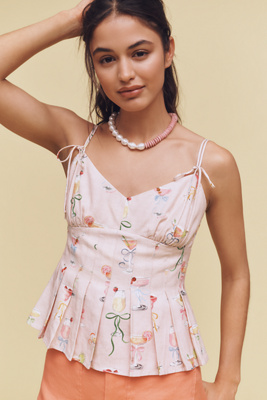 En Saison Mia Linen Blend Pleated Peplum Tank Top