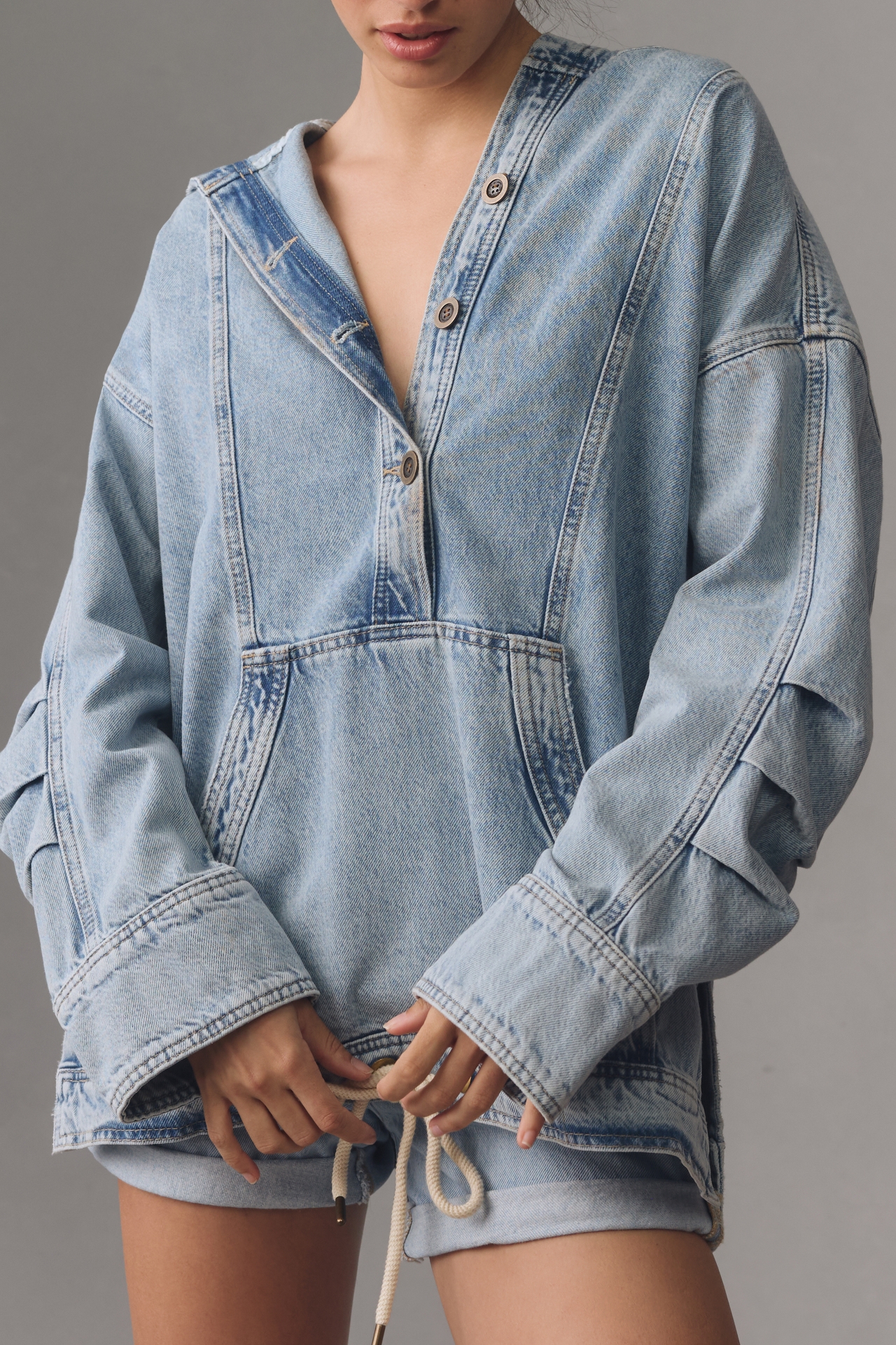 Pilcro Hooded Denim Popover Top