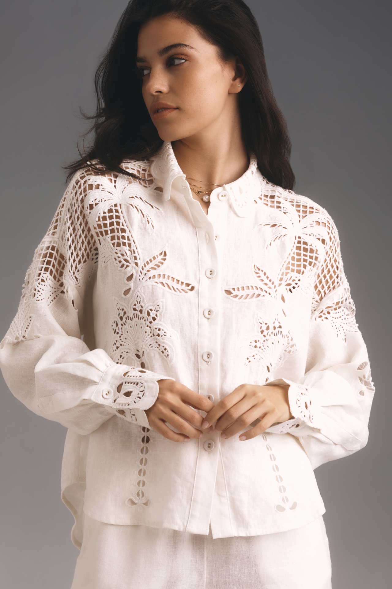 Farm Rio White Palms Richelieu Linen Buttondown Shirt