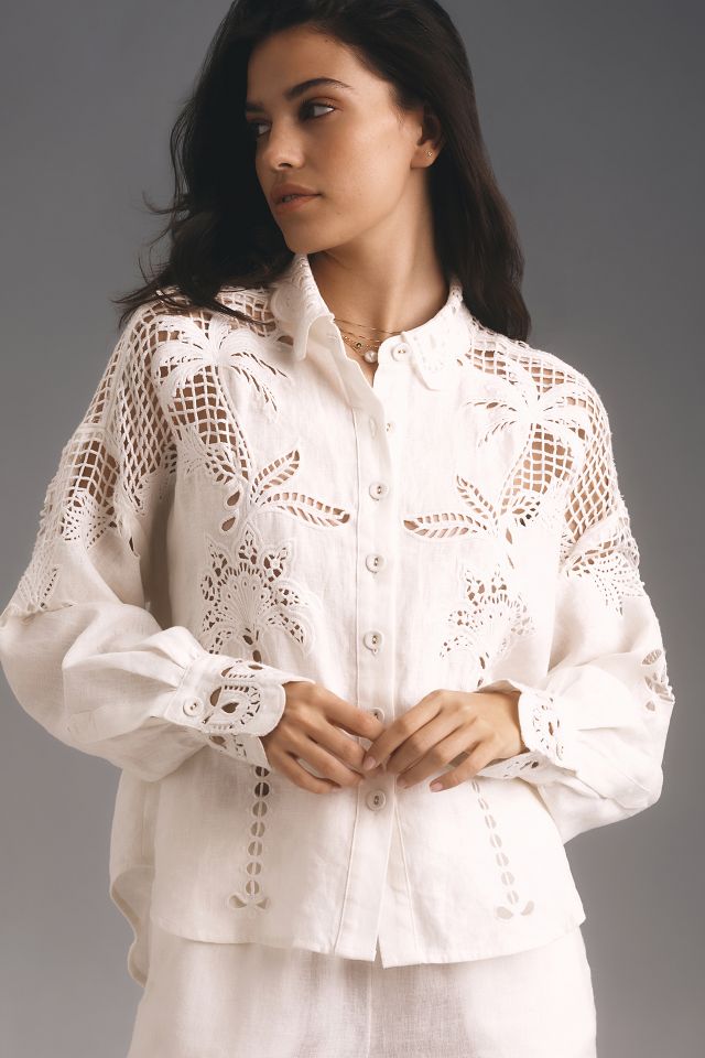 Farm Rio White Palms Richelieu Linen Buttondown Shirt | Anthropologie