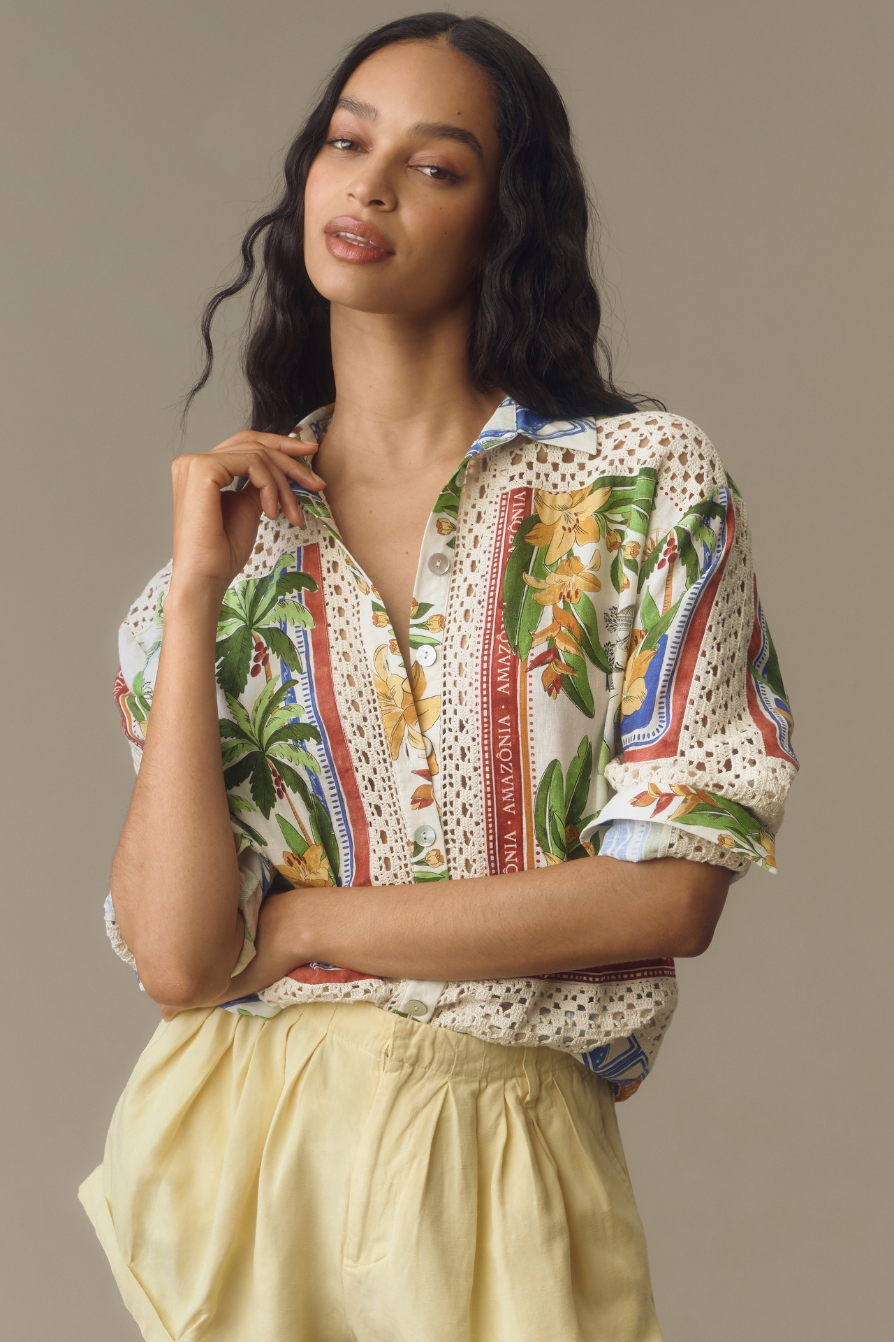 Farm Rio Tropical Destination Linen Crochet Shirt