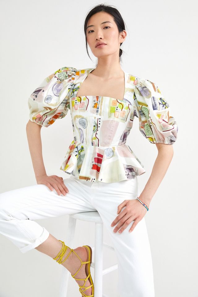 【maison celon】puff sleeve peplum blouse Flounce Sleeve Peplum Blouse Women Long Sleeve Square Neck