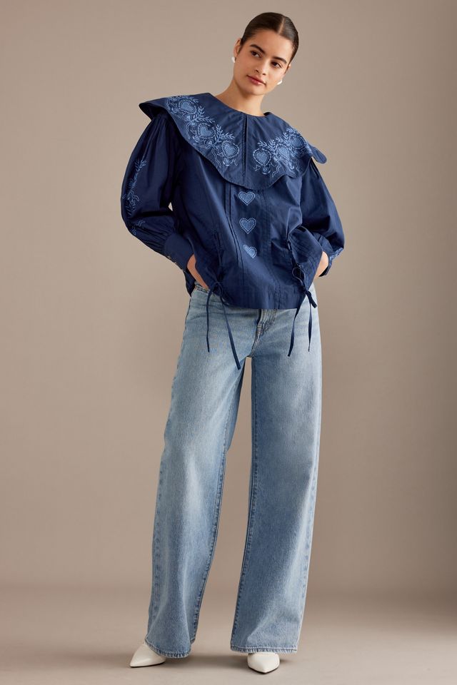 Damson Madder Juliette Embroidered Scalloped Collar Cotton Blouse