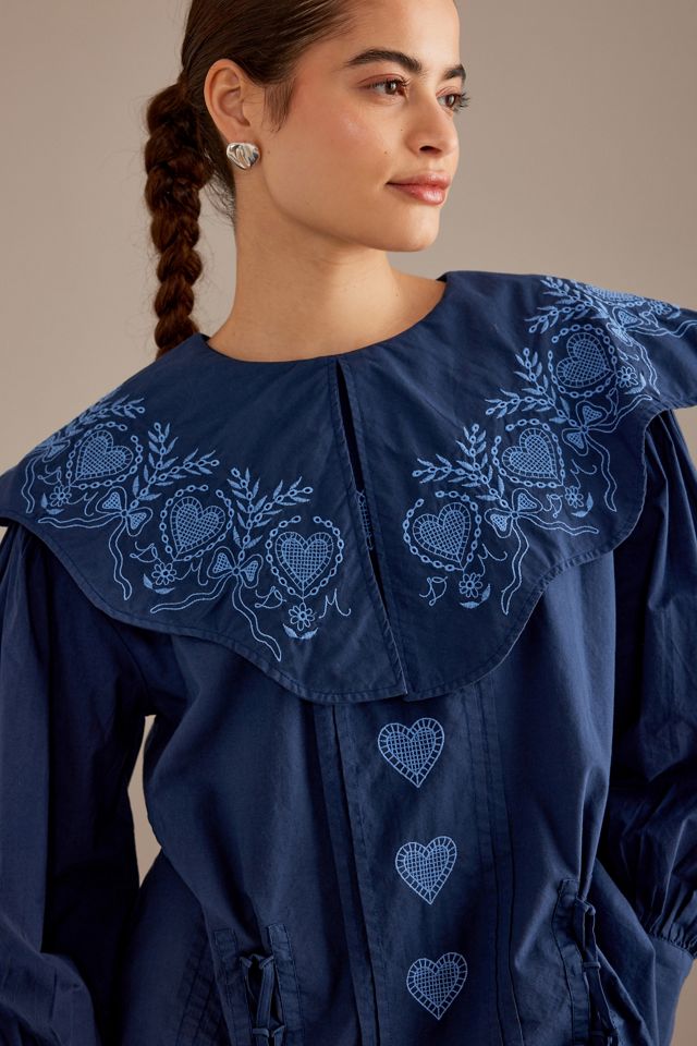Damson Madder Juliette Embroidered Scalloped Collar Cotton Blouse