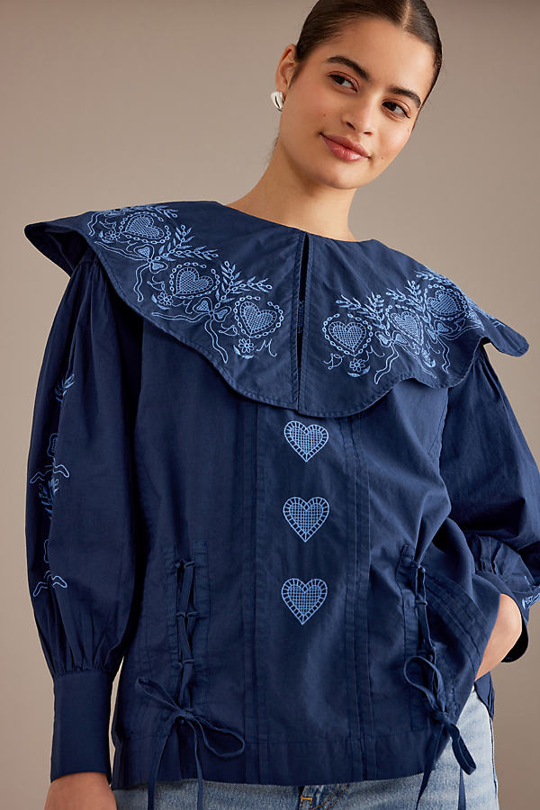 Damson Madder Juliette Embroidered Scalloped Collar Cotton Blouse