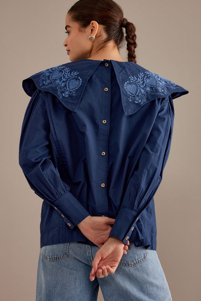 Damson Madder Juliette Embroidered Scalloped Collar Cotton Blouse