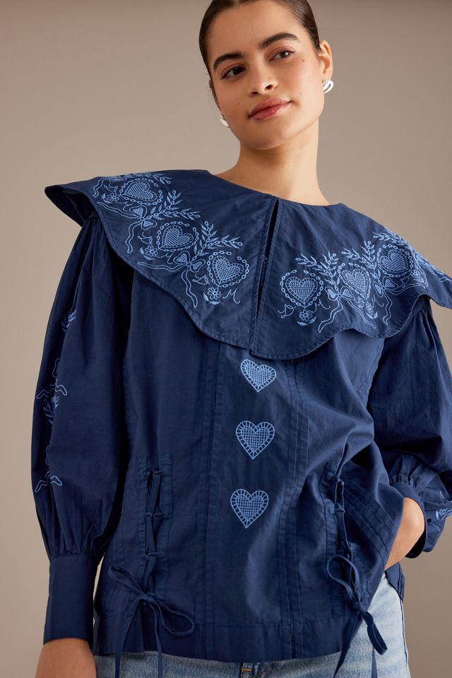 Damson Madder Juliette Embroidered Scalloped Collar Cotton Blouse #4