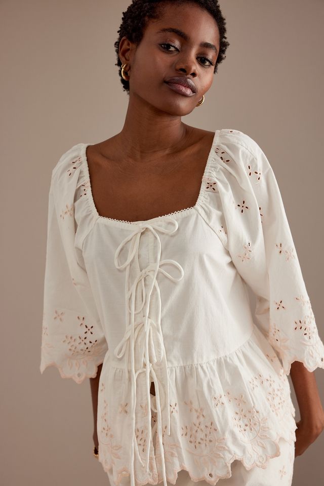 Damson Madder Lana Broderie Tie-Front Blouse | Anthropologie UK