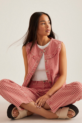 Damson Madder Womens Red Mari Gingham-print Cotton-blend Gilet