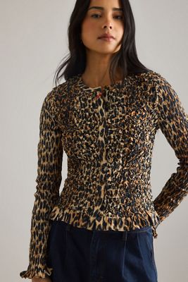 Damson Madder Elliana Smocked Leopard-Print Cotton Poplin Cardigan