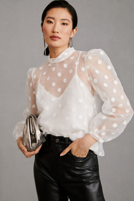 ローブブラン Sheer Polka Dot Ribbon Blouse Sheer Polka Dot Ribbon
