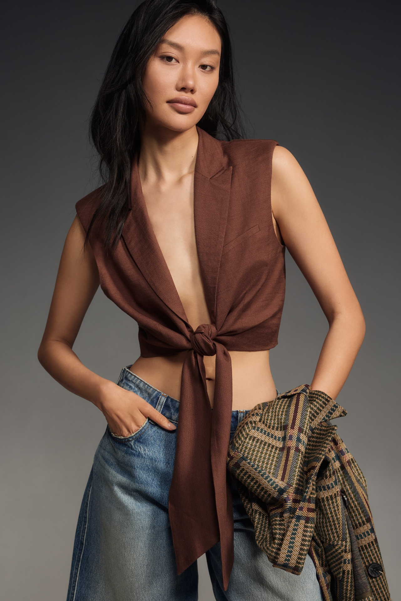 Flat White Tie-Front Crop Linen Tank