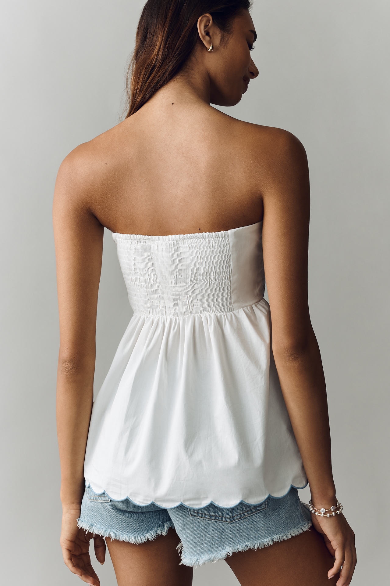 Flat White Cotton Strapless Embroidered Top