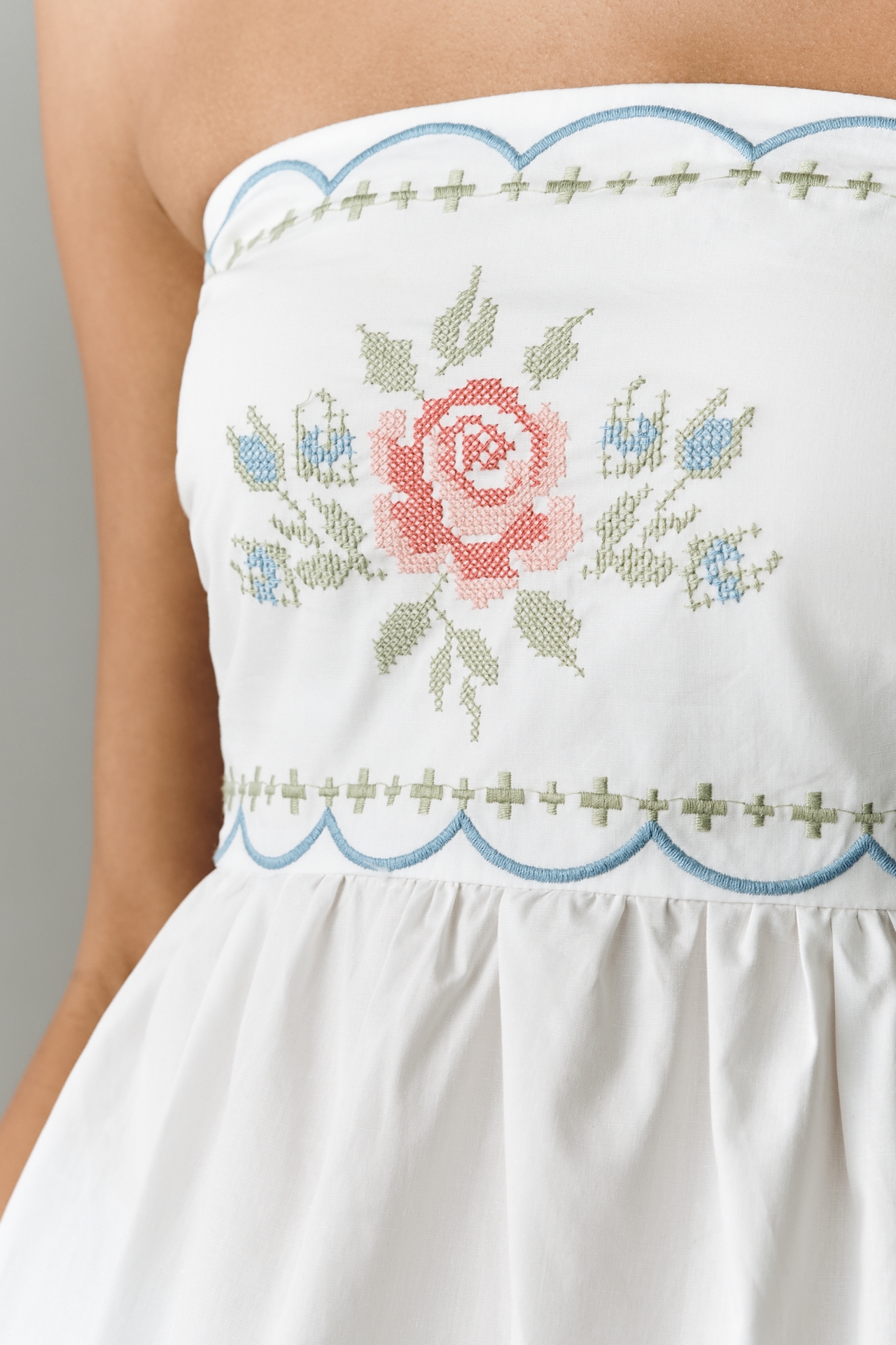 Flat White Cotton Strapless Embroidered Top