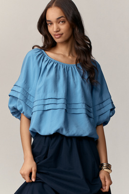 Shop Maeve Short-sleeve Bubble Tiered Top In Blue