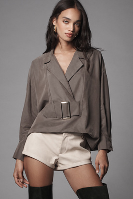 BY ANTHROPOLOGIE LONG-SLEEVE COLLARED BELTED TOP 