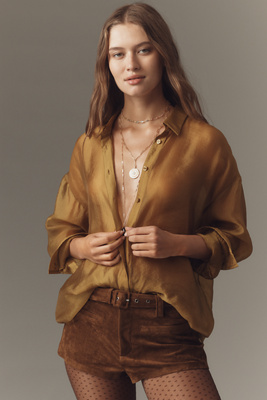 By Anthropologie Sheer Long-sleeve Buttondown In Brown