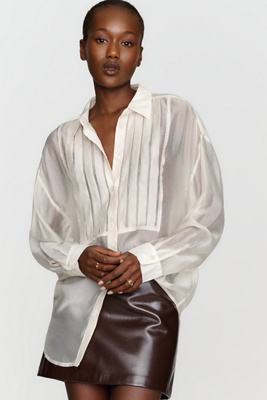 By Anthropologie Sheer Satin Tuxedo Button-Front Blouse by Anthropologie