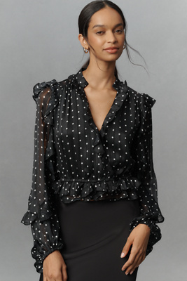 Bardot Frill Faux-wrap Blouse In Black