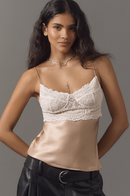 Bardot Satin Lace Camisole Top In Sand