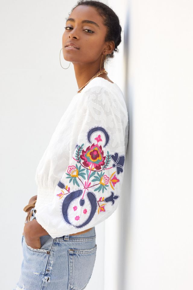 Embroidered Puff-Sleeve Blouse