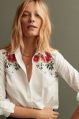 NWT Anthropologie Maeve 2024 Embroidered Floral Slim Buttondown Size 1X Plus