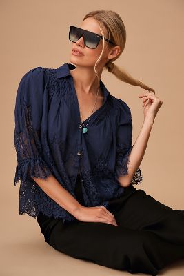 By Anthropologie Victorian Sheer-lace Blouse In Blue