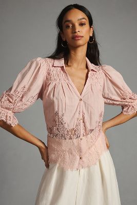 By Anthropologie Victorian Sheer-lace Blouse In Pink