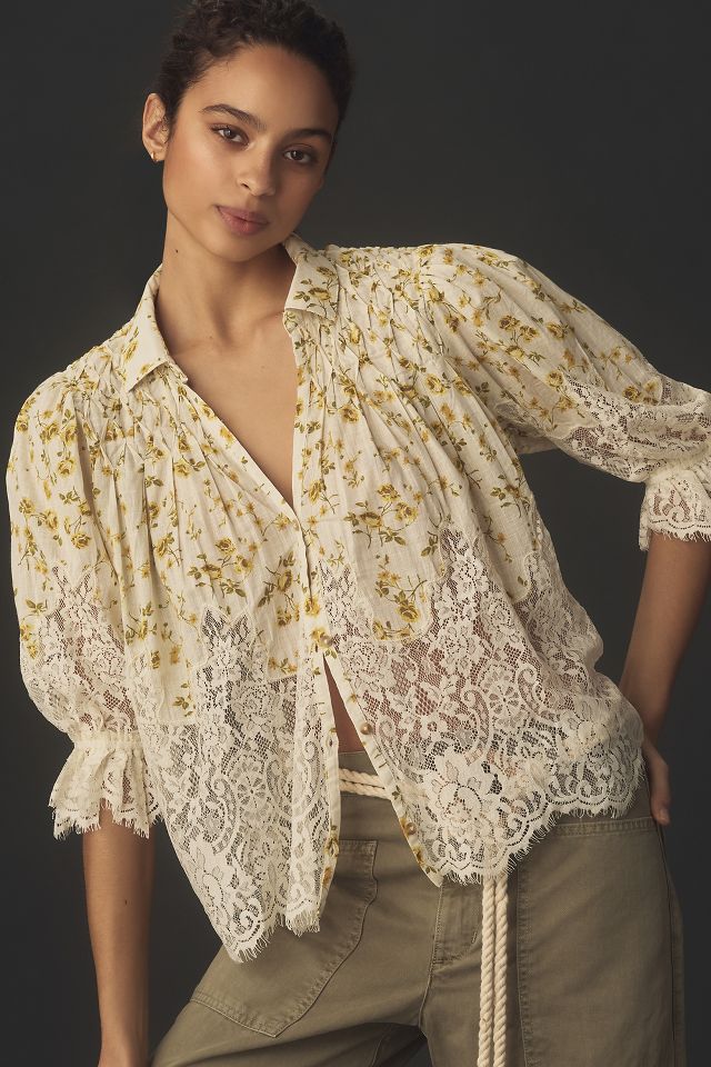 By Anthropologie Victorian Sheer-lace Blouse 