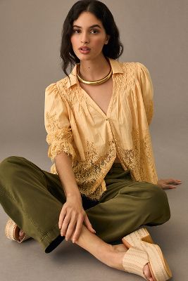By Anthropologie Victorian Sheer-lace Blouse In Orange