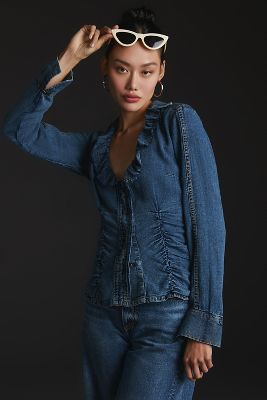 ruffle neck denim blouse