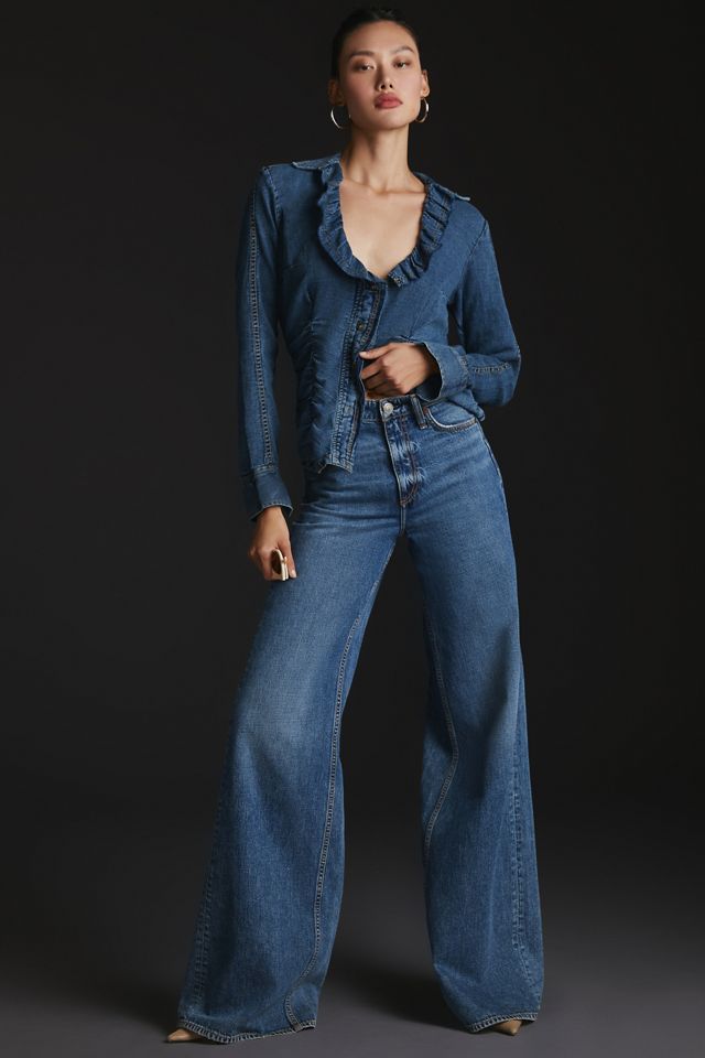 Pilcro Denim Shirred-Waist Ruffle-Neck Blouse #3