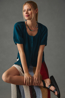 Pilcro Puff-sleeve Gauze Blouse In Blue