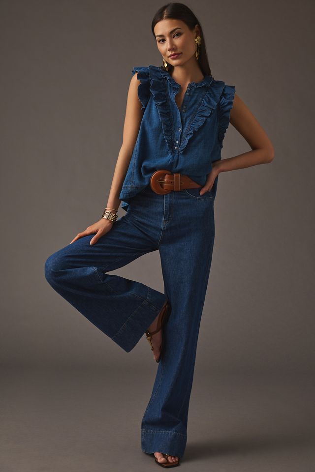 Pilcro Ruffled Chambray Henley Blouse | Anthropologie