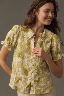 Shop Pilcro The Keira Collared Button-front Blouse By  In Green