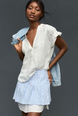 Pilcro Frill-Sleeve Deep-V Linen Blouse