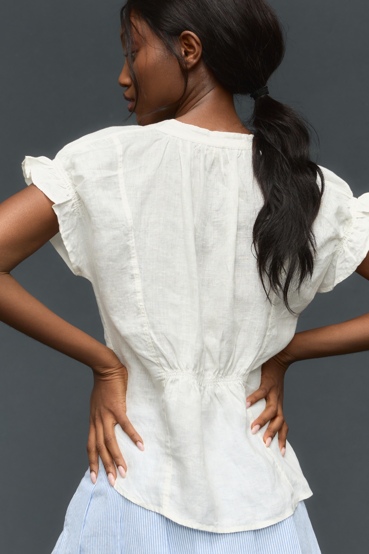 The Tatum Flutter-Sleeve Blouse by Pilcro: Linen Edition