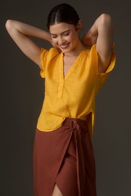 Shop Pilcro Frill-sleeve Deep-v Linen Blouse In Yellow