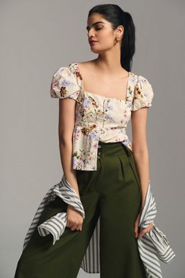 By Anthropologie Puff-Sleeve Peplum Top