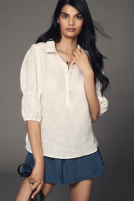 Pilcro Puff-sleeve Linen Blouse In White