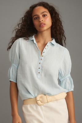 Pilcro Linen Puff-sleeve Blouse In Blue